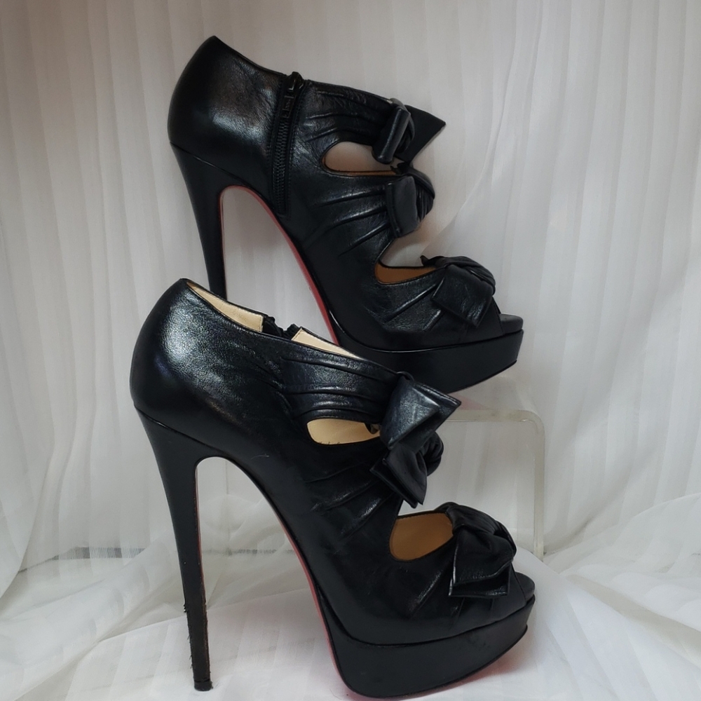 Christian Louboutin Black Leather Platform Peep-Toe Heels with Bows